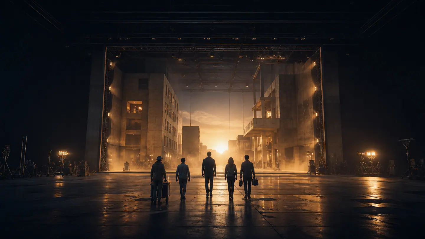 A group of creators crosses a vast working soundstage at night