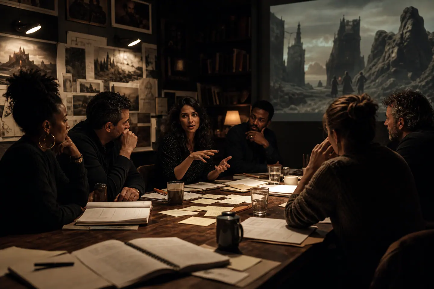 A conceptual human story team develops a production in a tactile writers room
